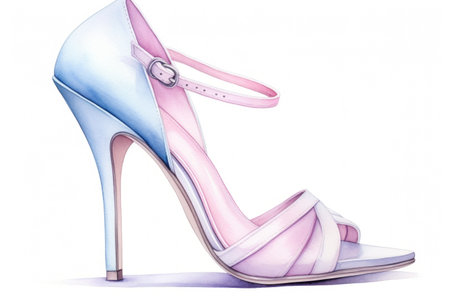 Watercolor fashion women high heeled shoe against a white background. In light blue pink colors. Ideal for fashion blogs or retail advertisementsの素材