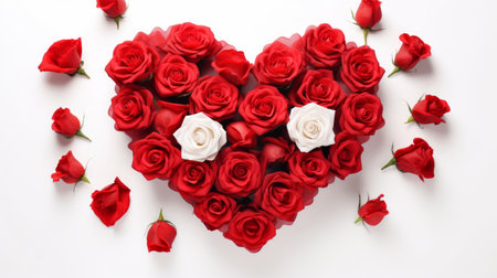 Floral Heart. Red and white roses arranged in heart shape on a white background. Ideal for Valentines Day, anniversaries, or romantic occasions.の素材