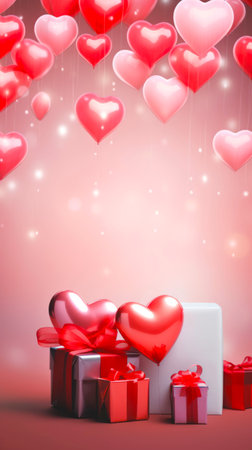 Red and pink heart balloons floating above gift boxes wrapped with elegant bows, set against a soft pink background with sparkling lights. Ideal for Valentines or anniversary cards. Verticalの素材