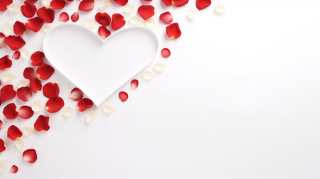 A clear heart shape surrounded by scattered red and white petals on a white background. Ideal for romantic or Valentines themes. Banner with copy spaceの素材