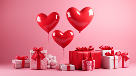 Red heart balloons rising above gift boxes with red ribbons on a soft pink backdrop. Perfect for Valentine's gifts or romantic celebrations.の素材