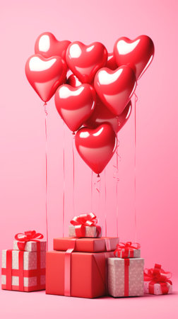 Heart shaped balloons in red, floating above a selection of gift boxes. Ideal for use in Valentines Day promotions or romantic event decorations. Verticalの素材