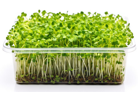 Microgreen in a transparent container on white background. Bright green seedlings. Can be used in presentations, articles, or websites related to health, diet, or gardening.の素材