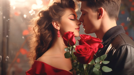 Man in love gives a happy woman a bouquet of red roses. Romantic couple on date. On blurred background. Ideal for love, relationships, and Valentines celebrations.の素材