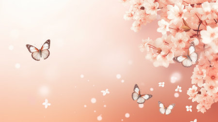 Butterflies and blooming flowers against a soft peach pink background. Pastel colors. Banner with copy space. Ideal for backgrounds, wallpapers, greeting cards, banners, postersの素材
