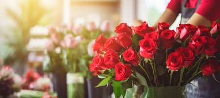 Female hands make beautiful bouquet of red roses in floral shop. Florist workplace. Banner with copy space. Perfect for Valentines Day promotions, flower shop advertisements, romantic occasions.の素材
