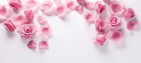 Pink roses on a white background. Top view. Banner with copy space. Ideal for Valentines Day, anniversaries, romantic occasions, Mothers Day.の素材