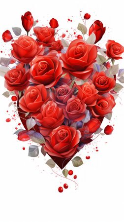 Bouquet of red roses with leaves. Digitally illustration isolated on white background. Perfect for Valentines Day, anniversaries, romantic occasions, Mothers Day. Vertical formatの素材