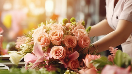 Female hands make beautiful bouquet of peach pink roses in floral shop. Florist workplace. Banner with copy space. Ideal for Valentines Day promotions, flower shop advertisements, romantic occasions.の素材
