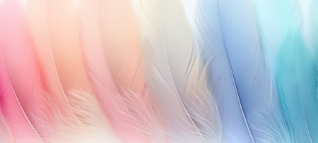 Soft pastel feathers gracefully overlap, creating a tranquil and gentle texture ideal for serene backdrops or delicate design elements, evoking calmness and soft touchの素材
