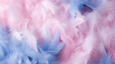 Feathers in pastel colors of pink and blue. Feathers texture background. Can be used as Backdrops for design projects, Fashion or decor. Concept of Softness and elegance.の素材