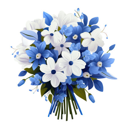 Colorful Bouquet of Mixed Flowers in blue white colors. Flat style icon illustration. Isolated on white background. Ideal for greeting cards, decoration, print media, event invitations or postersの素材