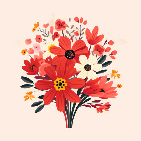 Colorful Bouquet of Mixed Flowers in red pink colors. Flat style icon illustration. Isolated on white background. Ideal for greeting cards, decoration, print media, event invitations or postersの素材