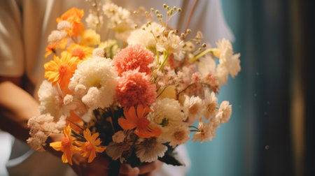 Hands holding bouquet of flowers against a dark backdrop. Can be used for greeting cards, floral shops advertisements or celebrations. Concept of celebration and appreciation.の素材