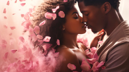 African American Couple in tender embrace surrounded by falling pink rose petals. Romantic moment. Ideal as postcard for Valentines Day, wedding, love story theme. Concept of passion and tendernessの素材