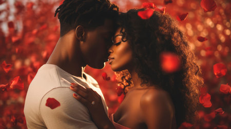 African American Couple in a tender embrace surrounded by falling red rose petals. Romantic moment. Ideal as postcard for Valentines Day, wedding, love story theme. Concept of passion and tendernessの素材