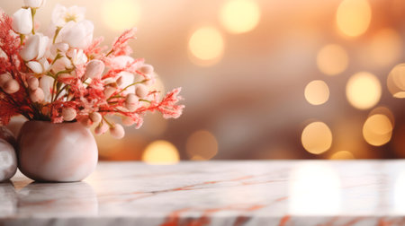 Elegant floral arrangement in a matte vase, with soft bokeh lights creating a warm backdrop. Ideal for home decor and event designの素材