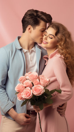 Young man is giving flowers to his girlfriend. Couple kissing. On light pink background. Romantic happy moment. Ideal for love, relationships, and Valentines celebrations. Vertical formatの素材
