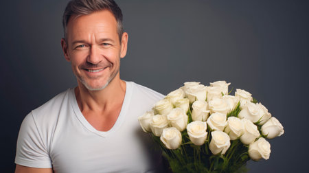 Joyful gentleman with a bouquet of white roses, conveying feelings of love and respect. Use as Romantic surprises, Date nights, Wedding anniversaries. Banner with copy spaceの素材