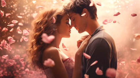 Couple in a tender embrace surrounded by falling pink rose petals. Romantic moment. Ideal as a postcard for Valentines Day, wedding, anniversary, or love story themes. Concept of romance and intimacy.の素材