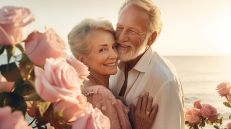 A loving elderly couple embraces among soft pink roses, their affectionate gaze reflecting years of shared joy. Suitable for anniversary, love, or Valentines Day themes.の素材
