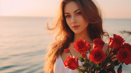 Beautiful young woman with red roses against a sunset backdrop on the beach of the sea. Banner with copy space. Can be used in greeting cards or romantic event promotions, symbolizing love, romanceの素材