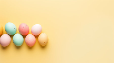 Top view of Easter painted colorful eggs on light yellow gradient background. Banner with copy space. Ideal for Easter promotion, spring event, holiday greeting, advertisement, festive contentの素材