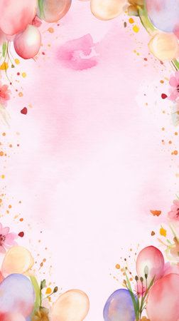 Frame background with watercolor Easter painted Eggs with flowers on light pink background. With copy space. Ideal for Easter promotion, spring event, holiday greeting, postcard. Vertical formatの素材