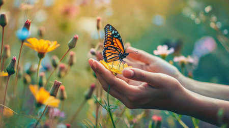 Vibrant butterfly on a human hands against a backdrop of blurred flowers field. Banner with copy space. Ideal for themes of nature, beauty, and tranquility.の素材