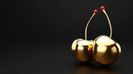 Twin golden cherries made of gold against a dark background, ideal for luxury branding and high-end product presentations, embodying exclusivity. Exclusive fruit. Banner with copy spaceの素材