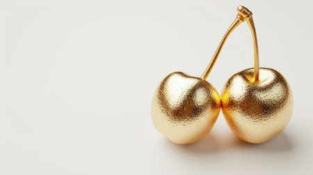 Shiny golden cherries made of gold on white background, perfect for opulent decor themes, advertisements, and artistic representations of wealth or indul. Banner with copy spaceの素材