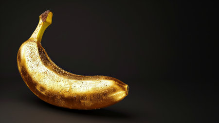 Shiny golden banana made of gold on dark background, symbolizing luxury and success ideal for upscale branding and sophisticated graphic themes. Banner with copy spaceの素材