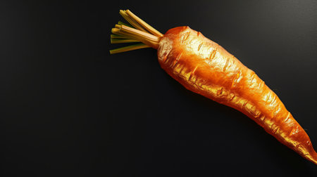 A golden carrot made of gold with detailed textures on a dark background, ideal for luxury food concepts or abstract art, symbolizing wealth and creativity. Banner with copy spaceの素材