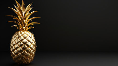 Golden pineapple made of gold against dark background. Ideal for financial, success and high-value themed visuals. Jewelry fruit. Banner with copy spaceの素材
