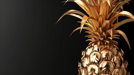 Golden pineapple made of gold against a dark background. Perfect for luxury branding and high end product presentations, embodying exclusivity. Jewelry fruit. Banner with copy spaceの素材