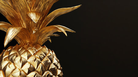 Golden pineapple made of gold against dark background. Perfect for financial, success and high-value themed visuals. Jewelry fruit. Banner with copy spaceの素材