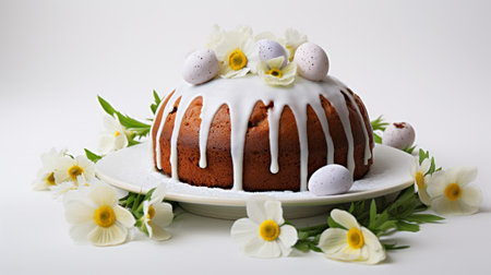 A Bundt cake with white icing and decorative Easter eggs amidst white and yellow flowers on a plate. Can be used in Easter content, culinary websites. Spring desserts.の素材