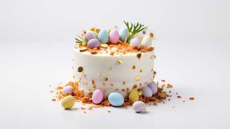 Easter celebration cake adorned with colorful eggs, gold details, and almond pieces on a clean backdrop. Can be used in Seasonal pastry promotions, food blogs.の素材
