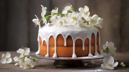 Bundt Cake with white icing and flowers on a wooden board, on light background. Ideal for content related to baking, celebrations, or dessert menus.の素材