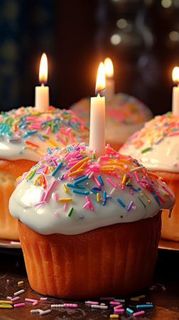 Easter Kulich cakes with white icing, topped with colorful sprinkles and lit candles. Traditional Russian Easter cupcake. Ideal for Celebratory events and holiday promotions. Vertical formatの素材