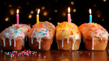 Four Easter Kulich cakes with white icing, colorful sprinkles and lit candles. On dark background. Traditional Russian Easter cupcake. Ideal for Celebratory events and holiday promotionsの素材
