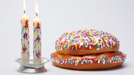Traditional Russian Kulich Easter bread with white icing and colorful sprinkles, flanked by decorative candles. Cupcake. On white background. Ideal for festive occasions and Easter celebrations.の素材