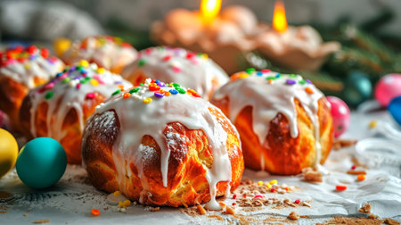 Freshly baked Easter cakes, Kuliches, with white glaze and colorful sprinkles, surrounded by lit candles and colored eggs. Traditional Ukrainian Easter cupcakes. Festive breadの素材