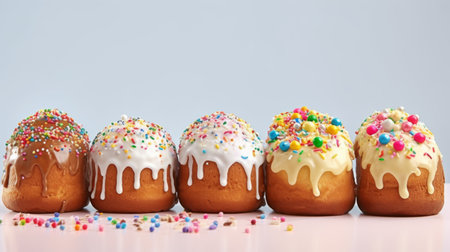 Traditional Ukrainian Kulich Easter breads with white icing and colorful sprinkles. Cupcakes. On light background. Ideal for festive occasions and Easter celebrations.の素材
