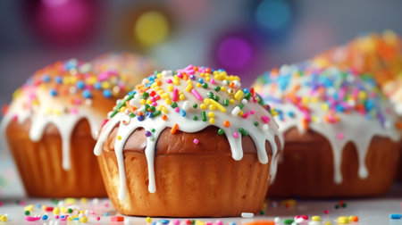 Kuliches, traditional Ukrainian Easter bread, adorned with white glaze and colorful sprinkles, on blurred festive background. Festive Easter cupcakes. Ideal for culinary blogs, celebration contentの素材
