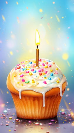 Watercolor illustration of Easter Kulich cake with white icing and colorful sprinkles. With lit candles. Traditional Ukrainian festive Easter cupcake. With aquarelle splashes and stains. Verticalの素材