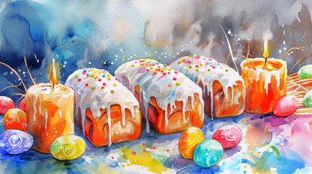 Watercolor illustration of Easter cakes, Kuliches, with white glaze and colorful sprinkles, surrounded by lit candles and colored eggs. Traditional Ukrainian Easter cupcakes. Festive bread. Aquarelleの素材