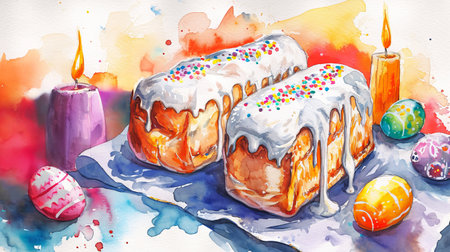 Watercolor illustration of Easter cakes, Kuliches, with white glaze and colorful sprinkles, surrounded by lit candles and colored eggs. Traditional Ukrainian Easter cupcakes. Aquarelle Festive bread.の素材