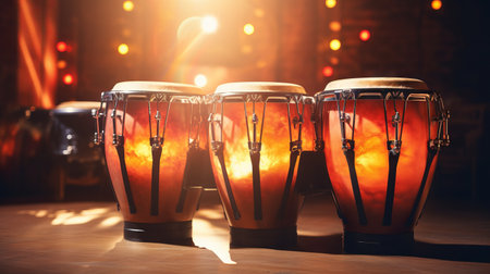 Illuminated conga drums set for a performance, spotlight with glowing background. Suitable for event flyers, music studio decor, and cultural event backgrounds. Bright performanceの素材