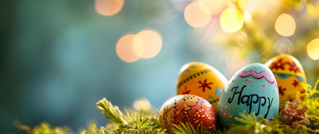 Hand-painted Easter eggs nestled in soft greenery, with Happy written on one, under a glowing light backdrop. Suitable for holiday-themed home decor and greeting card designs. Banner with copy spaceの素材